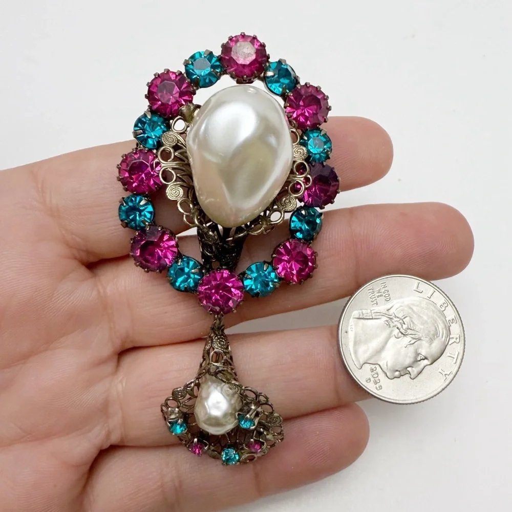 Vintage Large Baroque Faux Pearl Pink Aqua Rhinestone Filigree Drop Brooch